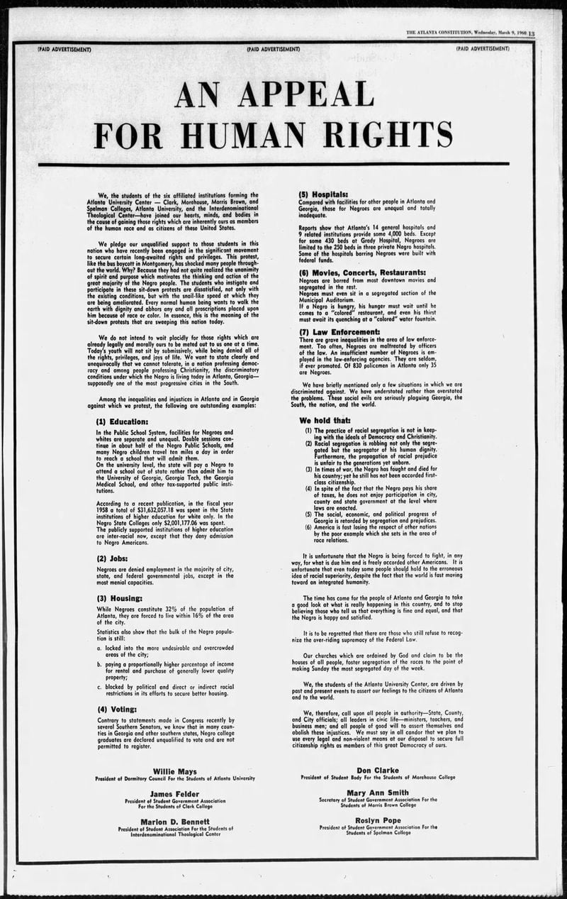 "An Appeal for Human Rights" appeared March 9, 1960, in The Atlanta Constitution