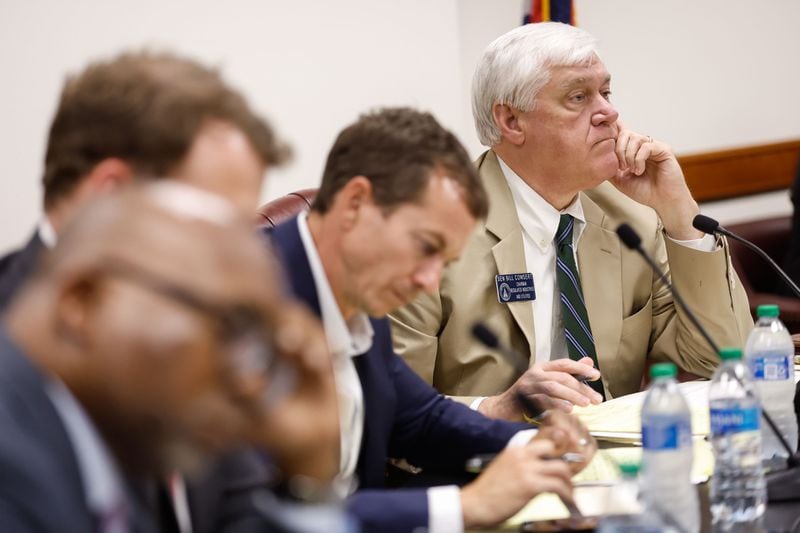 Senate Special Committee on Investigation Chairman Bill Coswert (far right) listens as whistleblower Amanda Timpson during a hearing about District Attorney Fani Willis at the Georgia State Capitol on Thursday, May 23, 2024. Timpson worked in the DA’s office as Director of Gang Prevention and Intervention from December 2018 to January 2022. (Natrice Miller/ AJC)