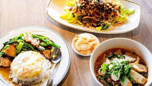 Brunch items from Thaicoon & Sushi Bar include (from left) Kana Moo Krob (fried kale with crispy pork and rice), Pla Lui Suan (lightly battered fried catfish with spicy toppings) and Tom Yum Noodle Soup. CONTRIBUTED BY HENRI HOLLIS