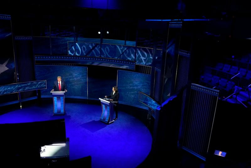 Republican presidential nominee former President Donald Trump and Democratic presidential nominee Vice President Kamala Harris participate during an ABC News presidential debate at the National Constitution Center, Tuesday, Sept.10, 2024, in Philadelphia. (AP Photo/Alex Brandon)