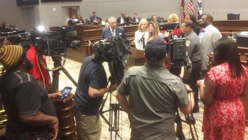 Fulton County Sheriff Patrick Labat and county commissioners speak to media April 19, 2023, after the county approves $5.4 million for emergency improvements at the jail.