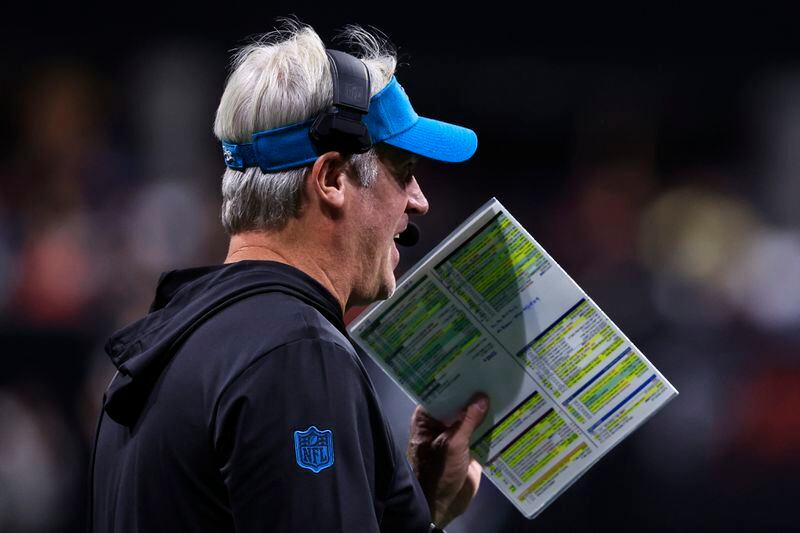 Jacksonville Jaguars head coach Doug Pederson speaks in the first half of an NFL preseason footballl game against the Atlanta Falcons, Friday, Aug. 23, 2024, in Atlanta. (AP Photo/Butch Dill)