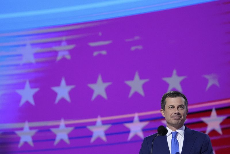 Transportation Secretary Pete Buttigieg speaks during the Democratic National Convention Wednesday, Aug. 21, 2024, in Chicago. (AP Photo/Brynn Anderson)