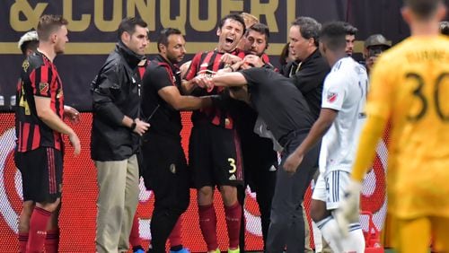 October 19, 2019 Atlanta - Atlanta United defender Michael Parkhurst (3) injures in the second half during the first round of the MLS playoffs at Mercedes-Benz Stadium on Saturday, October 19, 2019. Atlanta United won 1-0 over the New England Revolution. (Hyosub Shin / Hyosub.Shin@ajc.com)
