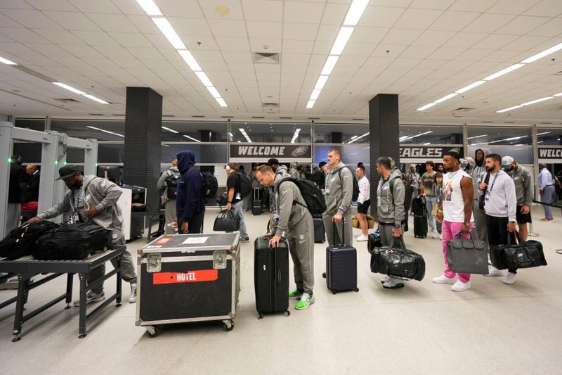 The Philadelphia Eagles arrive for an NFL football against the Green Bay Packers, Friday, Sept. 6, 2024, at the Neo Quimica Arena in Sao Paulo. (AP Photo/Andre Penner)