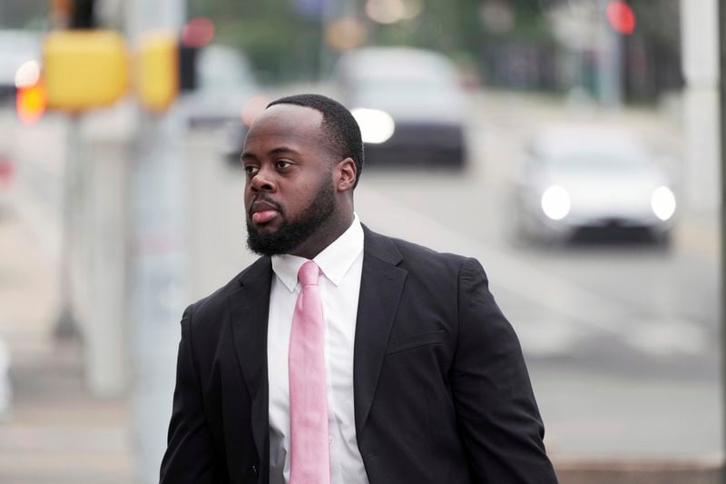 Tadarrius Bean, one of three former Memphis police officers charged in the 2023 fatal beating of Tyre Nichol, arrives at the federal courthouse for the day's proceedings, Tuesday, Oct. 1, 2024, in Memphis, Tenn. (AP Photo/Karen Pulfer Focht)