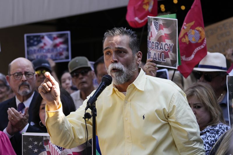 Texas LULAC State Director Gabriel Rosales speaks at a news conference where he and other officials with LULAC held a news conference to respond to allegations by Texas Attorney General Ken Paxton, Monday, Aug. 26, 2024, in San Antonio. (AP Photo/Eric Gay)