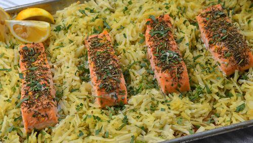 Herb-Rubbed Sheet Pan Salmon and Potatoes. (CHRIS HUNT FOR THE ATLANTA JOURNAL-CONSTITUTION)