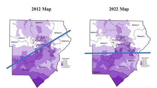 This image, taken from court documents in the redistricting lawsuit, shows that the Black and Hispanic residents are concentrated in the southern portions of Cobb County. Voting rights groups allege that the new map, on the right, confines those residents into three voting districts.