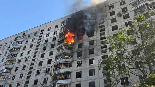 Flames rise after a Russian aerial bomb struck a multi-story residential building in Kharkiv, Ukraine, Sunday Sept. 15, 2024. (Ukrainian Presidential Press Office via AP)