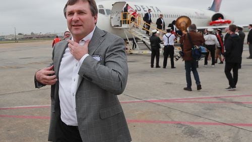 Georgia head coach Kirby Smart and his team arrive for the Sugar Bowl at Louis Armstrong International Airport on Friday, December 27, 2019, in New Orleans.  Curtis Compton/ccompton@ajc.com