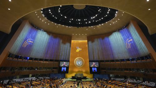 Mexico's Foreign Secretary Alicia Bárcena speaks to the United Nations General Assembly during Summit of the Future, Sunday, Sept. 22, 2024 at U.N. headquarters. (AP Photo/Frank Franklin II)