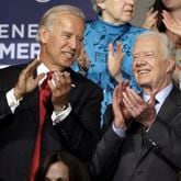 FILE - Sen. Joe Biden and former President Jimmy Carter are seen at the Democratic National Convention in Denver, Aug. 26, 2008. (AP Photo/Paul Sancya, File)