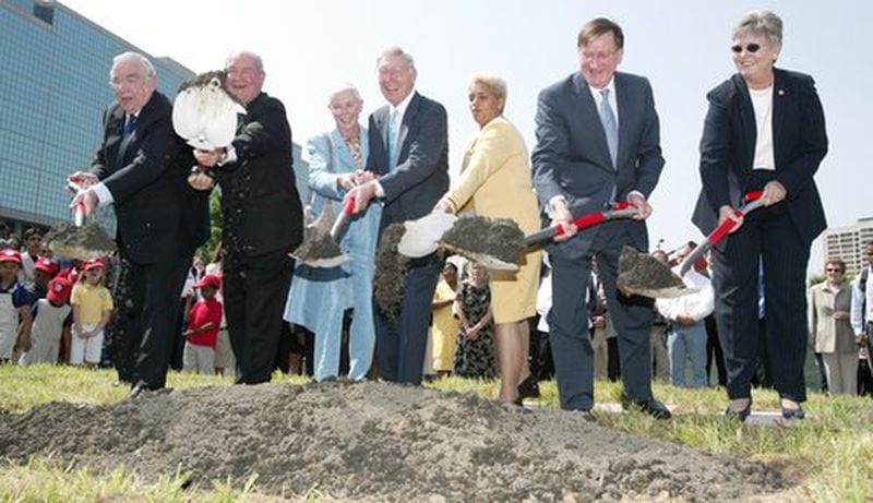 Don Keough, from left, Gov. Sonny Perdue, Billi Marcus, Bernie Marcus, Mayor Shirley Franklin, Coca-Cola Chairman Doug Daft and Elaine Draeger of Sheltering Arms shovel the dirt during groundbreaking for the Georgia Aquarium and a new World of Coca-Cola in 2003. “We talked offline, just face to face, on more than one occasion on issues that were a joint concern,” Franklin said, describing her relationship with Perdue. “We had open lines of communication.”