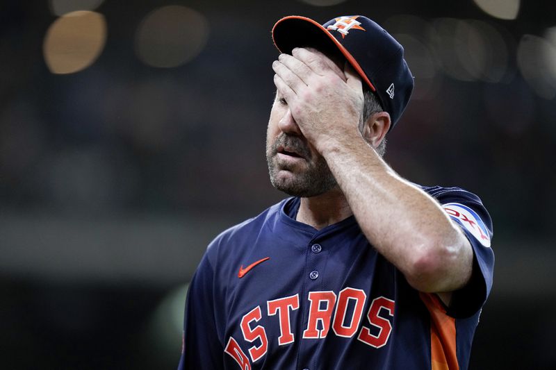 Houston Astros starting pitcher Justin Verlander walks to the dugout after completing the top of the third inning of a baseball game Sunday, Sept. 8, 2024, in Houston. (AP Photo/Eric Christian Smith)