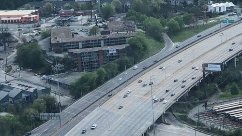 A look from the WSB Skycopter at a nearly-empty I-85 just south of GA-400 in Northeast Atlanta at 5:09 p.m. on March 30th, 2020. Credit: Doug Turnbull, WSB Triple Team Traffic.