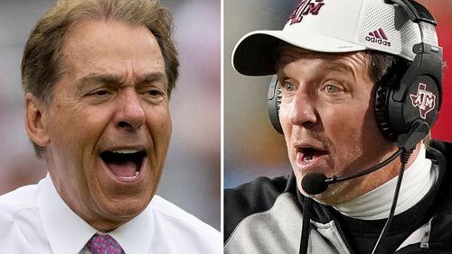 Alabama head coach Nick Saban (left) and Texas A&M coach Jimbo Fisher. Fisher once worked for Saban. File photos