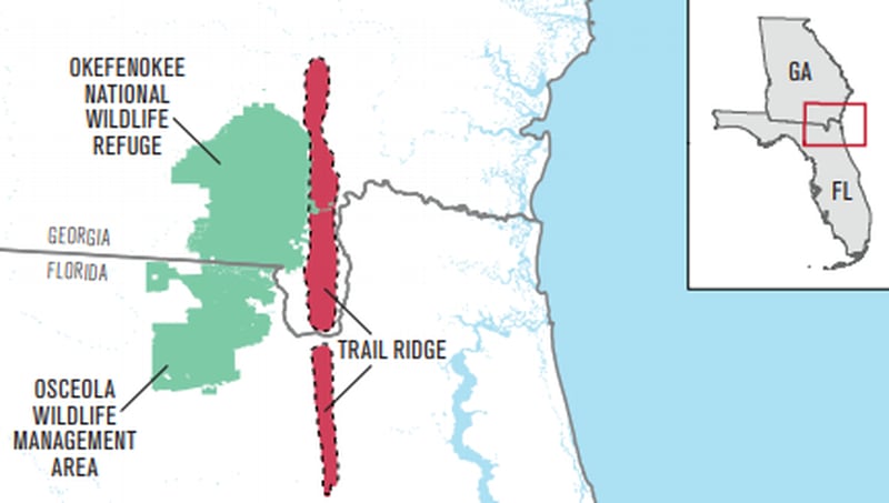 The map shows Trail Ridge, the area along the refuge’s eastern boundary targeted for titanium mining. Image Okefenokee Protection Alliance