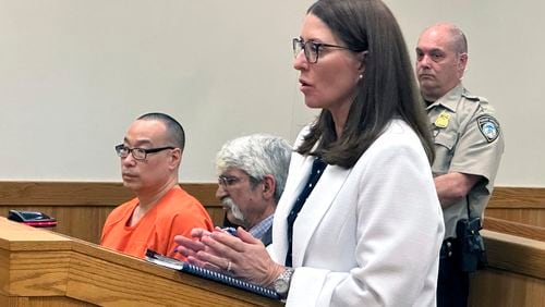 FILE - Michigan Assistant Attorney General Shawn Ryan speaks in court, as pharmacist Glenn Chin, is seated, far left, in Howell, Mich., Friday, May 17, 2024. (AP Photo/Ed White, File)