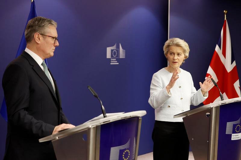 Britain's Prime Minister Keir Starmer listens during a meeting with European Commission President Ursula von der Leyen in Brussels, Wednesday, Oct. 2, 2024.(AP Photo/Omar Havana)