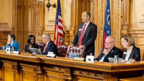 Georgia Election Board member Sara Tindall Ghazal, member Janelle King, executive director Mike Coan, chairman John Fervier, member Rick Jeffares, and member Janice Johnston appear before a board meeting at the Capitol in Atlanta on Friday, September 20, 2024. (Arvin Temkar / AJC)