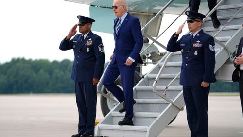 President Joe Biden arrives on Air Force One at Dobbins Air Reserve Base, Thursday, June 27, 2024, in Marietta, Ga., en route to Atlanta to attend the presidential debate. (AP Photo/Evan Vucci)