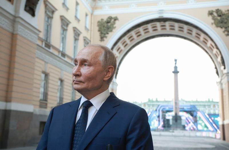 Russian President Vladimir Putin answers to a journalists's question after a plenary session of the St. Petersburg International United Cultures Forum in St. Petersburg, Russia, Thursday, Sept. 12, 2024. (Vyacheslav Prokofyev, Sputnik, Kremlin Pool Photo via AP)