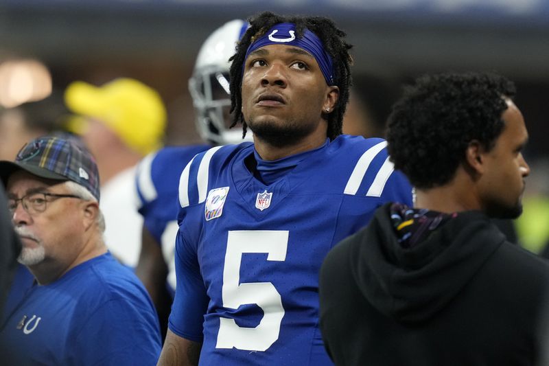 Indianapolis Colts quarterback Anthony Richardson (5) stands on the sideline after being injured during the first half of an NFL football game against the Pittsburgh Steelers, Sunday, Sept. 29, 2024, in Indianapolis. (AP Photo/Darron Cummings)