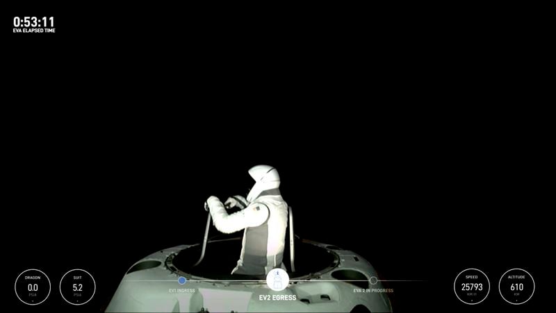 This image made from a SpaceX video shows SpaceX engineer Sarah Gillis emerging from the capsule, Thursday Sept. 12, 2024. (SpaceX via AP)