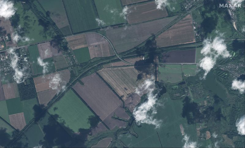 This image released by Maxar Technologies shows a trench from Selektsionnyi to Lgov, Russia, Monday Aug. 12, 2024. (Satellite image ©2024 Maxar Technologies via AP)