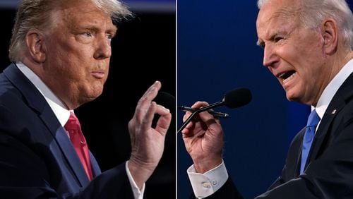 This combination of pictures created on Oct. 22, 2020 shows President Donald Trump, left, and Democratic presidential candidate Joe Biden during the final presidential debate at Belmont University in Nashville, Tennessee. (Brendan Smialowski and Jim Watson/AFP via Getty Images/TNS)