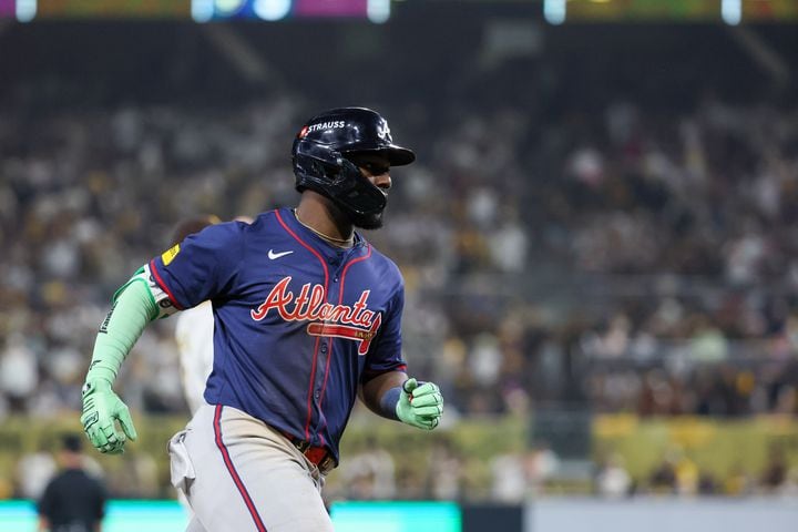 Atlanta Braves’ Michael Harris rounds the bases after a 2-RBI home run against the San Diego Padres during the eighth inning of National League Division Series Wild Card Game Two at Petco Park in San Diego on Wednesday, Oct. 2, 2024.   (Jason Getz / Jason.Getz@ajc.com)