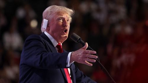 Former President Donald Trump speaks at the Republican National Convention (RNC) on the fourth and final day of the event on July 18, 2024, in Milwaukee. (Spencer Platt/Getty Images/TNS)