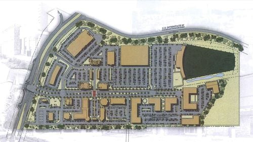 A site plan for the 64-acre mixed-use project proposed by Fuqua Development near the Mall of Georgia in Gwinnett County. VIA GWINNETT COMMISSION DOCUMENTS