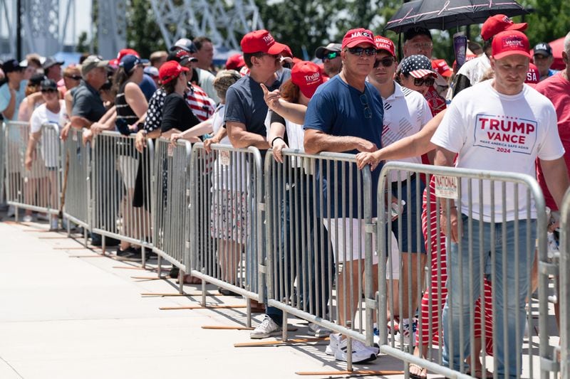 Attendees line up for a Trump rally at the Georgia State Convocation Center in Atlanta on Saturday, August 3, 2024.