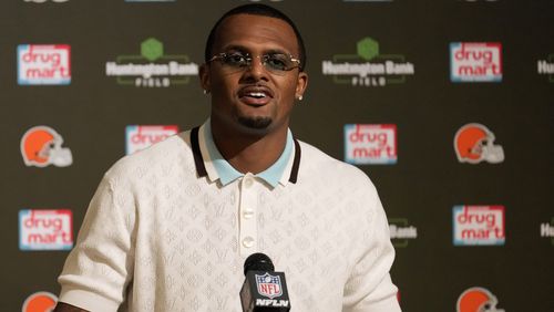 Cleveland Browns' Deshaun Watson responds to questions during a news conference after the team's NFL football game against the Dallas Cowboys in Cleveland, Sunday, Sept. 8, 2024. (AP Photo/Sue Ogrocki)