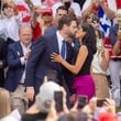 JD Vance, Republican presidential candidate Donald Trump’s running mate, kisses his wife Usha during a campaign stop at The Mill in Lindale on Friday, October 4, 2024. (Arvin Temkar / AJC)
