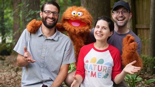 Three friends in Decatur decided to combine their talents and create a children's nature series, "Nature Time": Michael Martin (left), a college biology professor; learning designer Elise Potts (center); and cinematographer Alan Melling (right), who also brings the puppet Garbanzo to life.