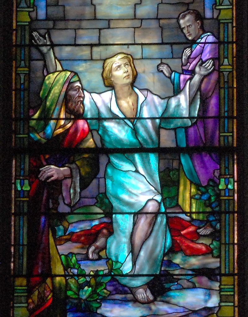 This detail of the "Martyrs" window at First Presbyterian Church of Atlanta shows the drama in the faces and the beatific glow of Stephen and the meanness of his persecutors.