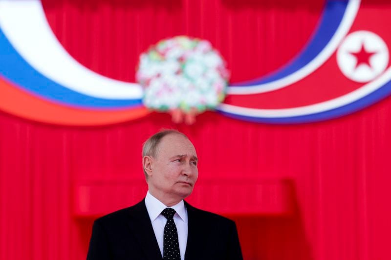 Russian President Vladimir Putin attends the official welcome ceremony with North Korea's leader Kim Jong Un in the Kim Il Sung Square in Pyongyang, North Korea, on Wednesday, June 19, 2024. (Gavriil Grigorov, Sputnik, Kremlin Pool Photo via AP)