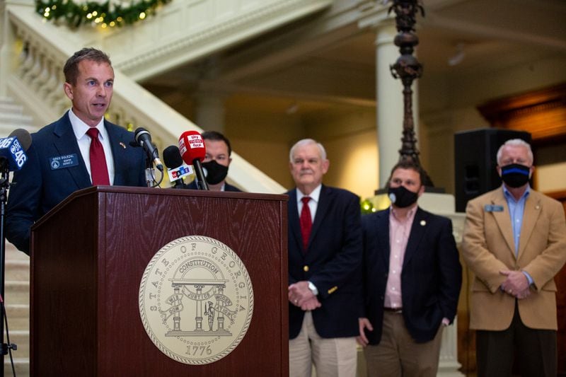 Republican state senator Greg Dolezal speaks during a press conference at the Georgia State Capitol on Tuesday, November 17, 2020 in Atlanta. Georgia State Senators spoke on Tuesday about alleged election security problems in Georgia's election. (Rebecca Wright for the Atlanta Journal-Constitution)