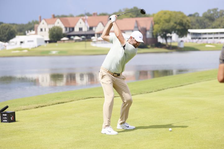 Scottie Scheffler tees off on the eighth hole during the final round of the Tour Championship at East Lake Golf Club, Sunday, Sept. 1, 2024, in Atlanta.
(Miguel Martinez / AJC)