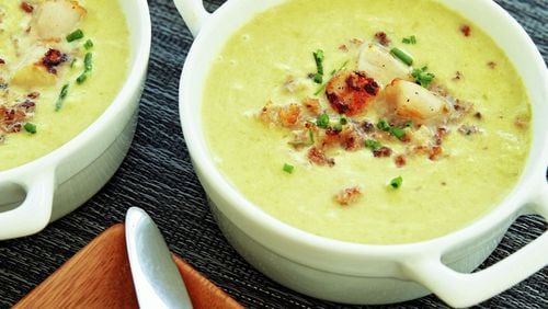 This creamy asparagus and leek soup is topped with bay scallops. It’s from “Soup Nights” by Betty Rosbottom. Contributed by Harry Zernike