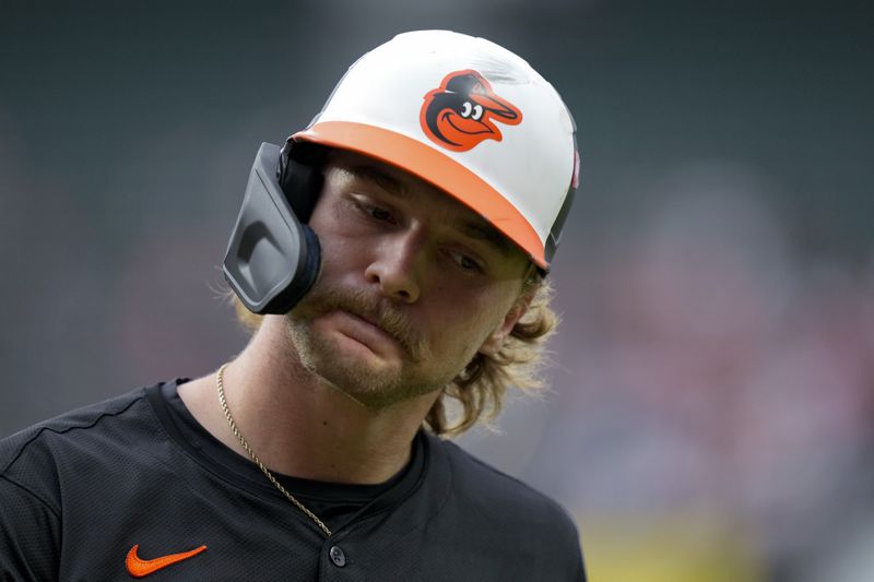 Baltimore Orioles' Gunnar Henderson reacts after striking out against Kansas City Royals pitcher Seth Lugo during the third inning in Game 2 of an AL Wild Card Series baseball game, Wednesday, Oct. 2, 2024 in Baltimore. (AP Photo/Stephanie Scarbrough)