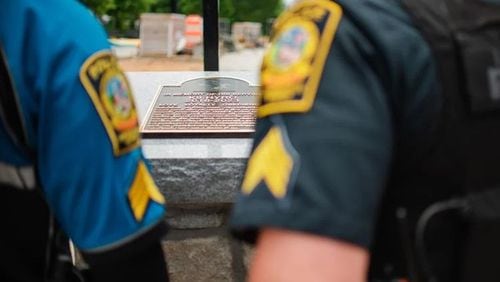 A plaque memorializes Lawrenceville Police K-9 Hyro at the city's new dog park, which is named in his honor. Hyro Park is set to open in early August. (Courtesy of City of Lawrenceville)