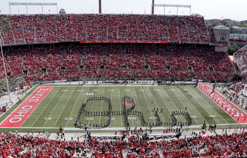 Members of the Ohio State Marching Band form "Script Ohio" before an NCAA football game between the Ohio State Buckeyes and the Oregon Ducks on Sept. 11, 2021, at Ohio Stadium in Columbus, Ohio. (Barbara J. Perenic/Columbus Dispatch/TNS)