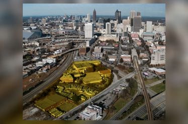 Roughly 10 acres of underused industrial property near Ted Turner Drive and Whitehall Street in downtown Atlanta was put on the market in September 2024. The yellow highlighted area shows the property available for purchase.