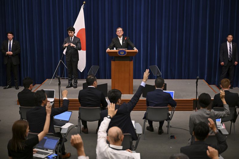 Japan's newly elected Prime Minister Shigeru Ishiba speaks during a press conference at the prime minister's office in Tokyo Tuesday, Oct. 1, 2024. (Yuichi Yamazaki/pool photo via AP)