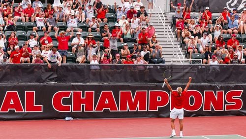 Georgia tennis player Philip Henning during Georgia’s second round match of the 2023 NCAA Division I men’s tennis championship against Oklahoma at Henry Feild Stadium inside the Dan Magill Tennis Complex in Athens, Ga., on Sunday, May 7, 2023. (Tony Walsh/UGAAA)