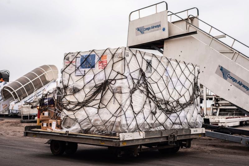 Mpox vaccine MVA-BN vaccine, manufactured by the Danish company Bavarian Nordic, are offloaded from a plane in Kinshasa, Congo, Thursday, Sept. 5, 2024. (AP Photo/Samy Ntumba Shambuyi)